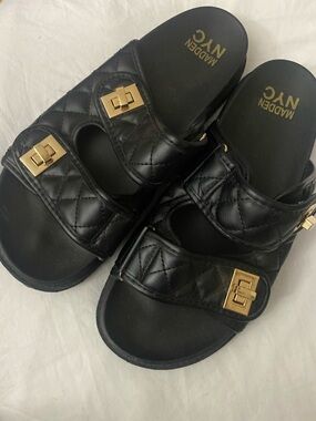 Madden NYC Quilted Black Slide Sandals with Gold Accent